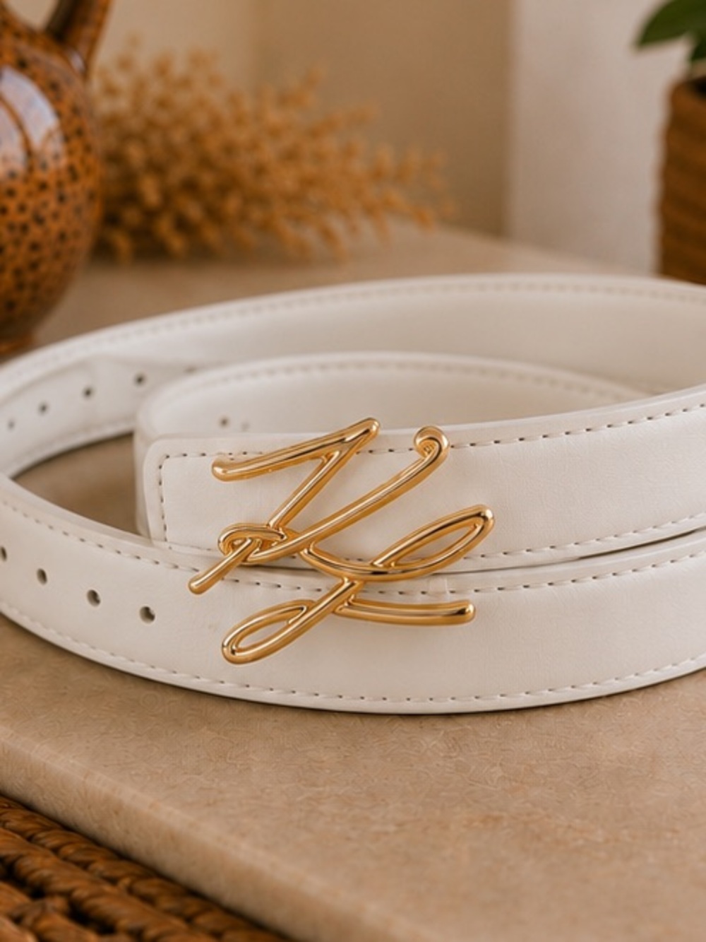 Designer Inspired Luxe White Gold Monogram Buckle Belt